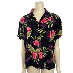 Two Palms Hawaii Aloha Hibiscus Button Shirt Womens Large‎ Black Pink